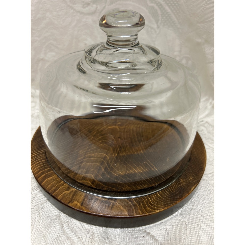 Vintage Glass Cloche Mini Cake Stand Cheese or Display Dome with Dark Wood Base